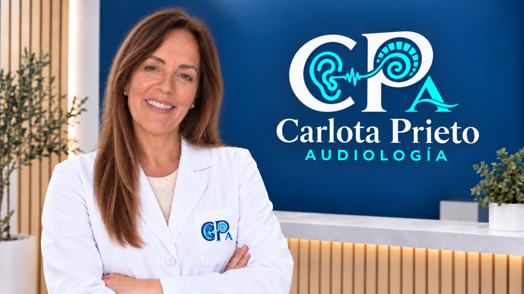 Carlota Prieto con bata blanca ante el logotipo de su gabinete de audiología